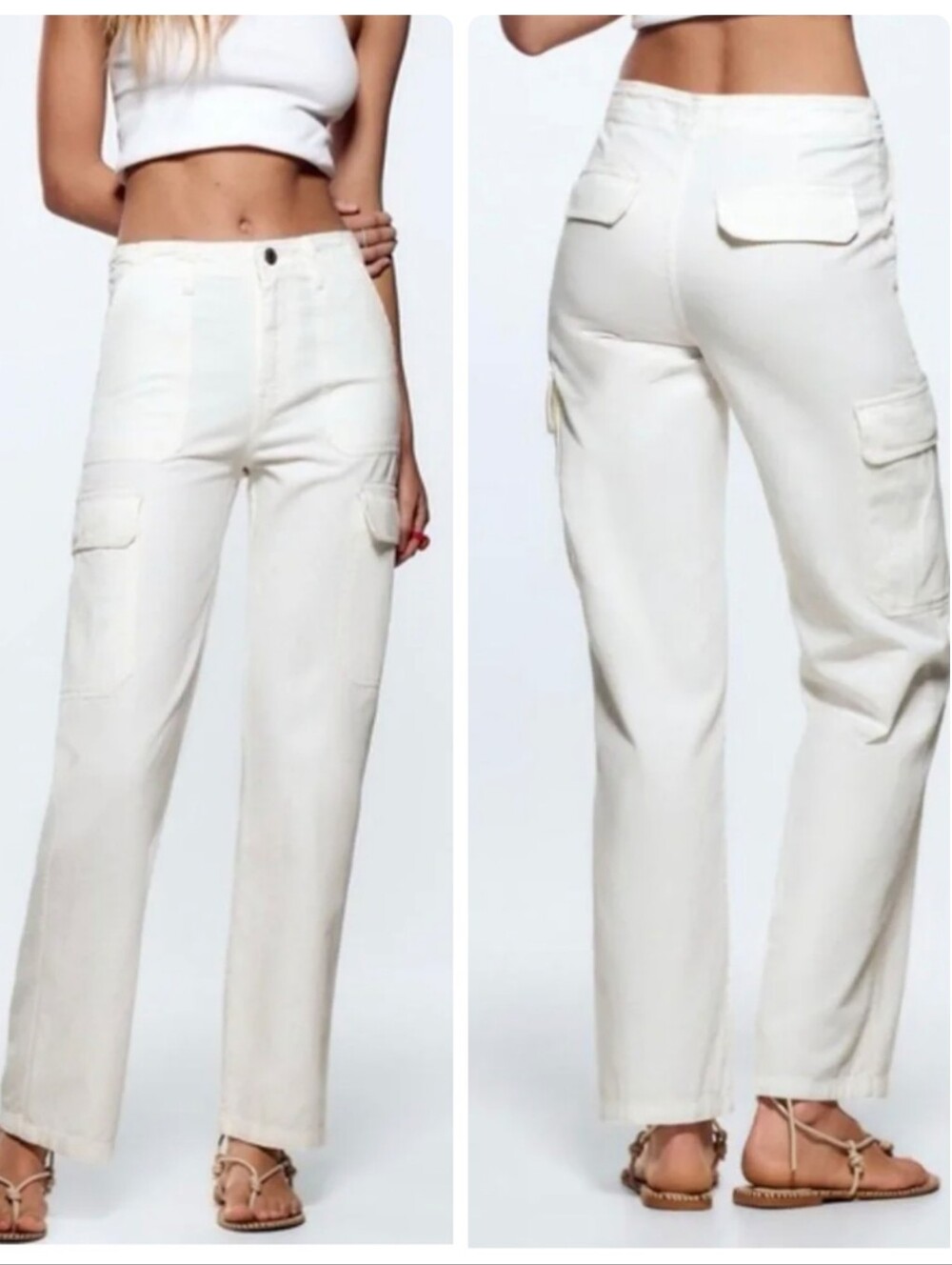 Zara BLOGGERS FAV Off-White High-Rise Wide Leg Cargo Pants Size 4 NWT